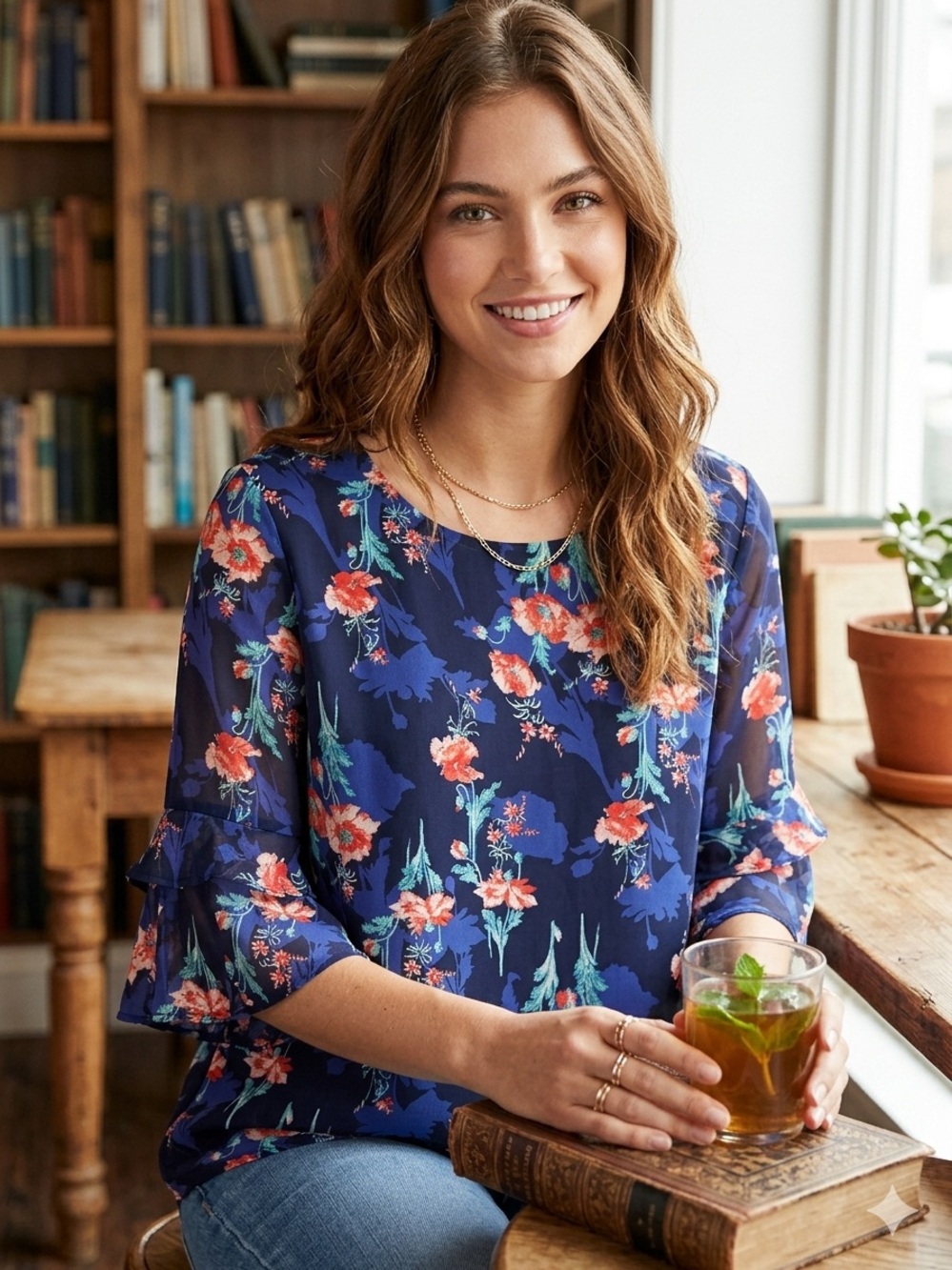 Feminine Navy Poppy Floral Ruffle-Sleeve Chiffon Tunic Cottagecore Romantic